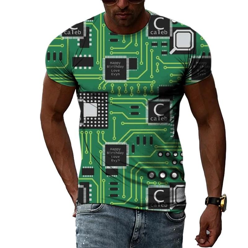 Summer Round Neck 3D Circuit Board Print T-shirts Fashionable Casual Short Sleeved Men's T-shirts