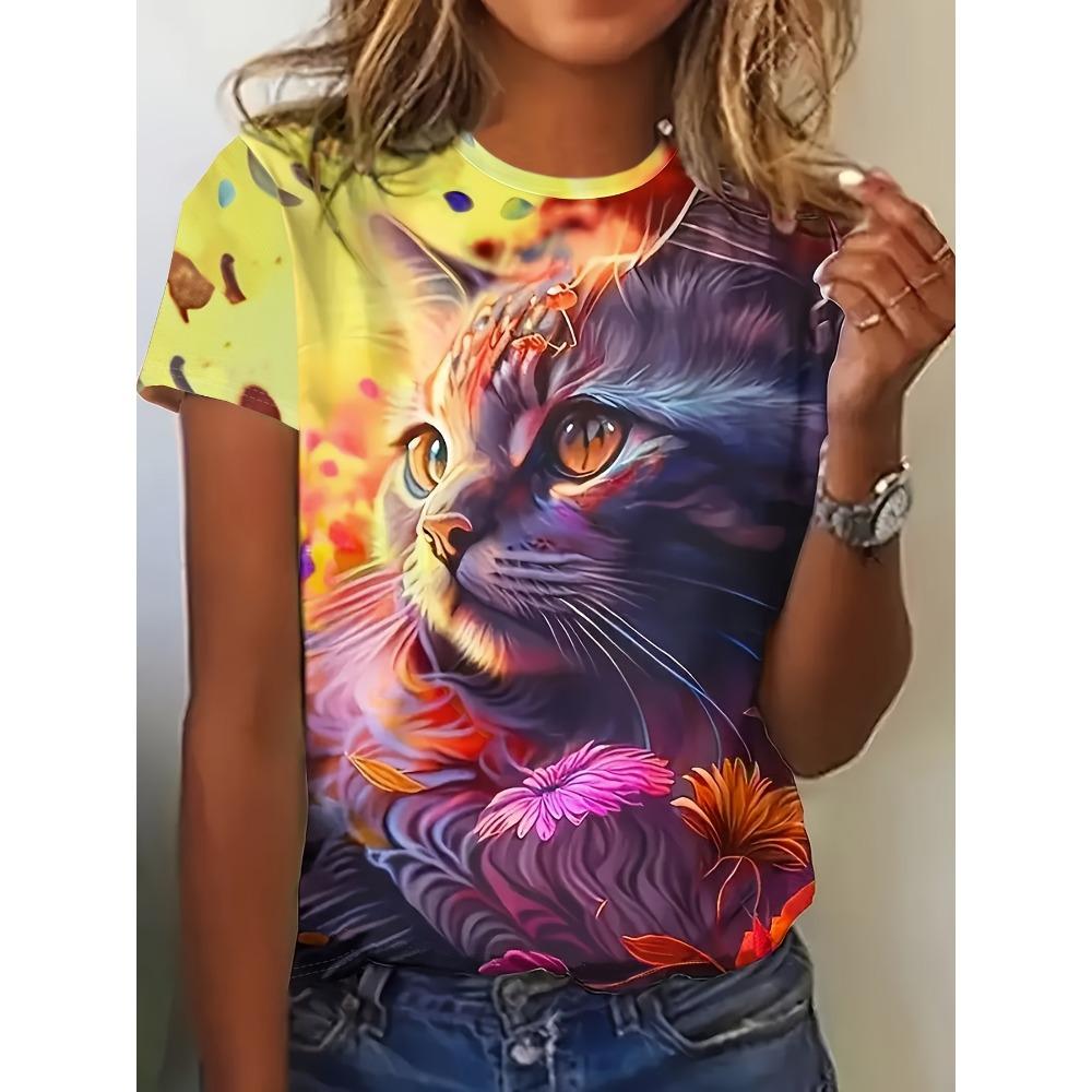 2025 New Summer Women's Black and White Swan Print T-shirt Round Neck Short Sleeve Street Casual Daily Basic Tops