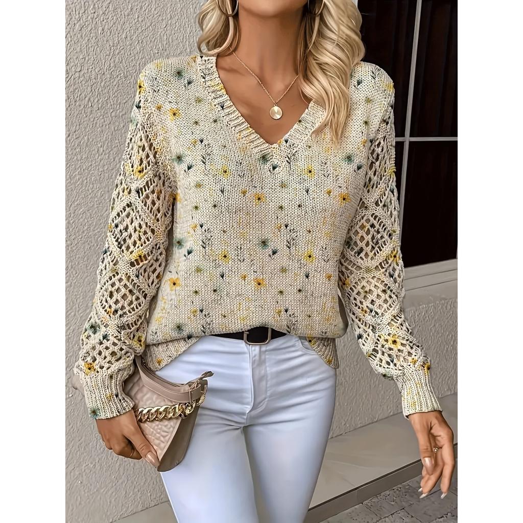 Elegant Autumn and Winter, Bohemian, Western-style Versatile Pullover V-neck Long Sleeved Women's Top, Trendy Women's Knitted Sweater