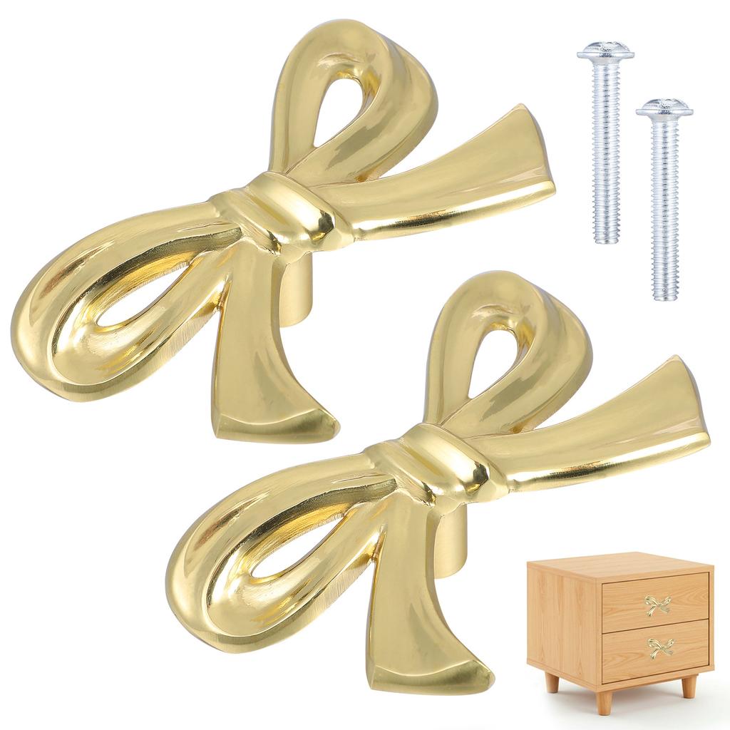 2Pcs Bowknot Cabinet Pull Handle Brass Knobs for Drawer Wardrobe Dresser Cupboard Decorative Furniture Hardware