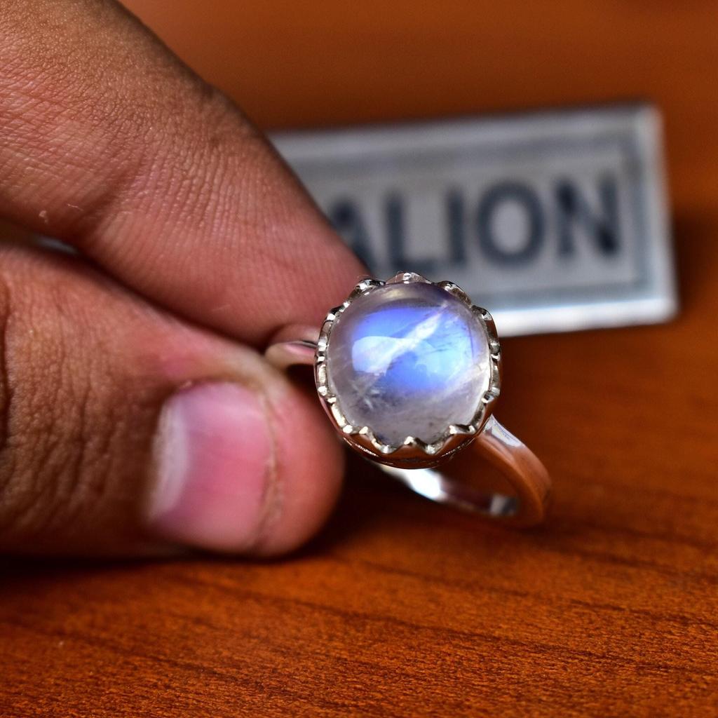 Natural Rainbow Moonstone Ring - 925 Sterling Silver - 10 MM Round Cabochon - Handmade Boho Jewelry - Gemstone Jewelry - Promise Birthstone