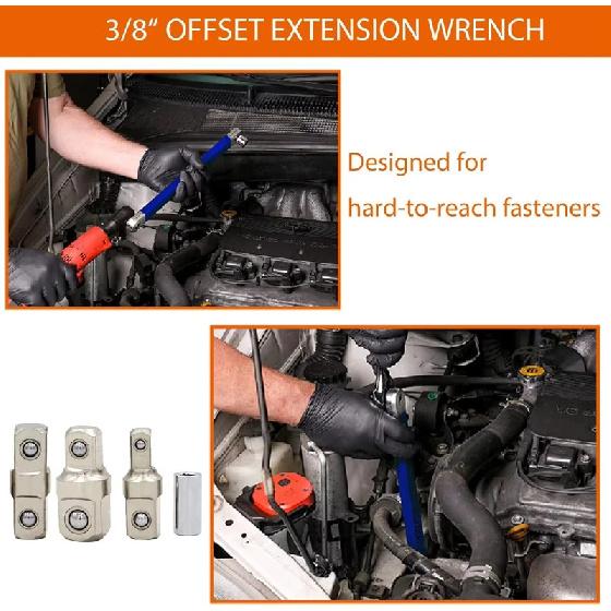 Offset Extension Wrench Impact Socket Ratchet Extension Tool with 1/4inch 3/8inch 1/2inch Drive Adapters Universal