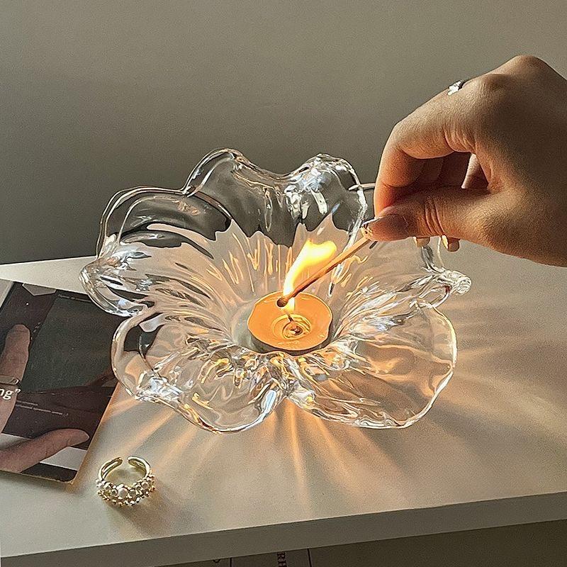 Elegant Glass Flower shaped Candle Holder Tabletop Decor Handmade Floral Decor Elegant Glass Candle Holder Decor Holiday Gift