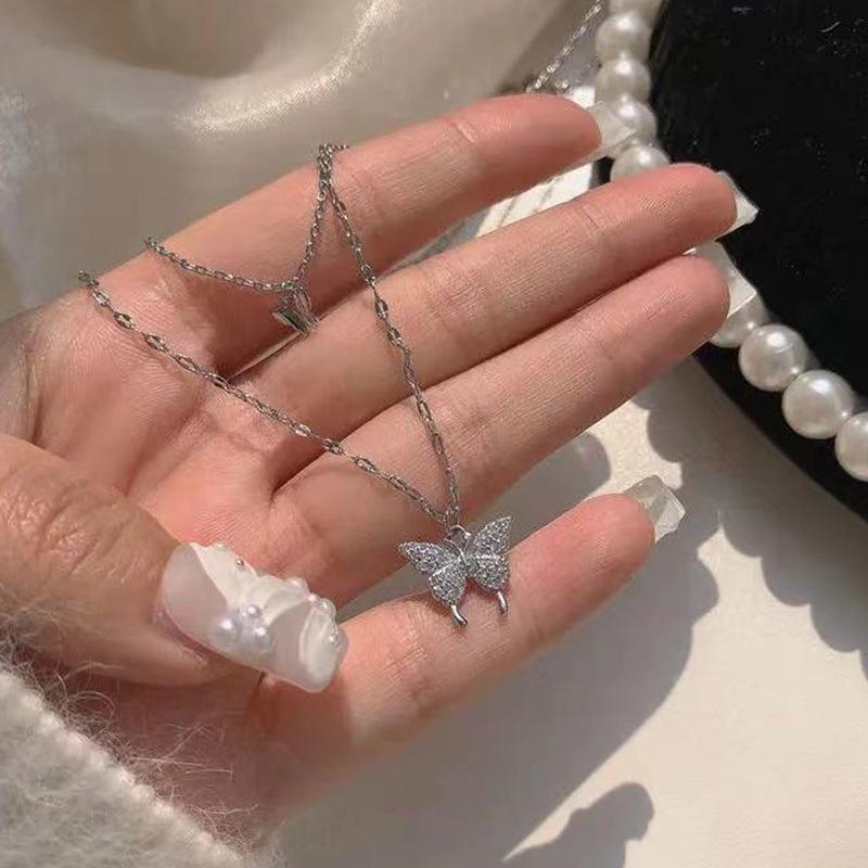 Punk Girl Necklace Temperament Wild Net Red Niche Butterfly Crystal Double Necklace Women's Naszyjnik