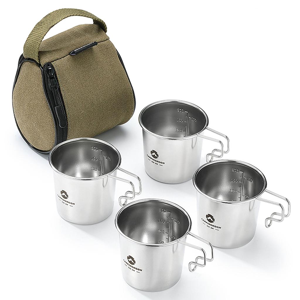 Four Outdoor Stainless Steel Sierra Cups with a Storage Bag Picnic Tableware Portable Barbecue Hiking Camping Cup Picnic Cookware