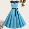 O-Neck Sleeveless See-through Lace Stitching Ribbon Bowknot Gown Dress A-Line Skater Large