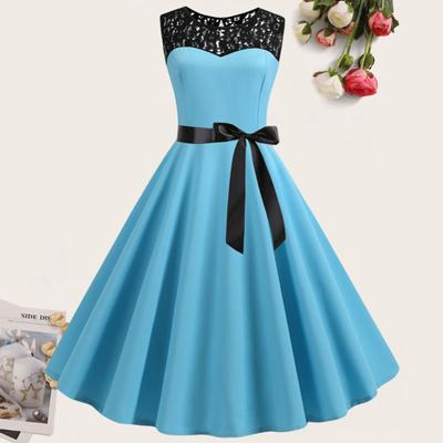 O-Neck Sleeveless See-through Lace Stitching Ribbon Bowknot Gown Dress A-Line Skater Large