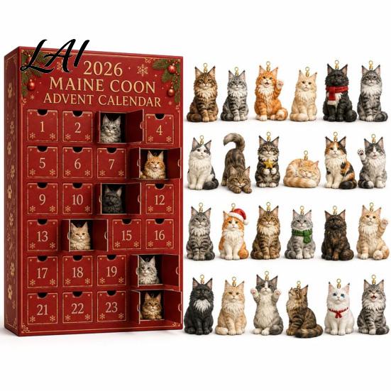 Holiday Decoration for Kids Christmas Cat Advent Calendar 24 Day Countdown with Cute Ornaments Gifts Children 2D Acrylic Kitty Decorations,