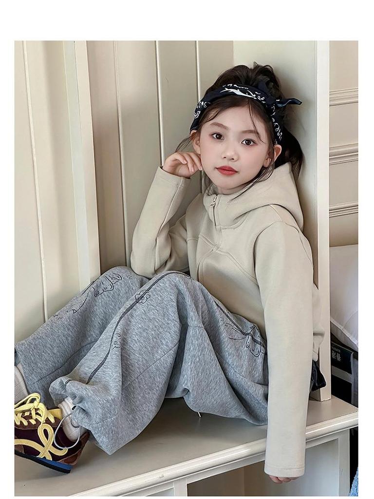 2025 Girls' Spring/Autumn Cardigan & Wide-Leg Pants Set - Hooded Casual Two-Piece Outfit