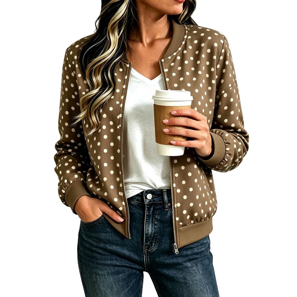 Women's Loose Fit Casual Zip-Up Jacket, Fashion Printed Short Coat for Fall and Winter
