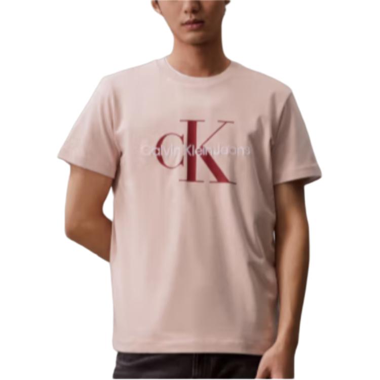 Calvin Klein Ck Jeans Ss24 Casual Letter Overlay Round Neck Short Sleeve T-Shirt Unisex Tops Shell-Pink J320770-TF6