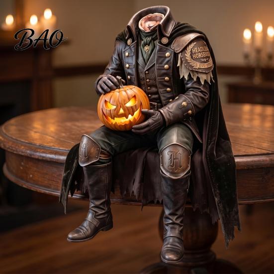 Headless Horseman Statue Resin with LED Warm Glow, Lighted Halloween Horror Figurine Sculpture, Gothic Tabletop Decor for Mantel Bookshelf And