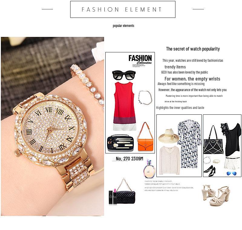 Gedi Luksusowy Zegarek Damski Kwarcowy Gwieździste Niebo z Diamentami, Wodoodporny Stalowy Pasek i Luminescencyjna Duża Tarcza.