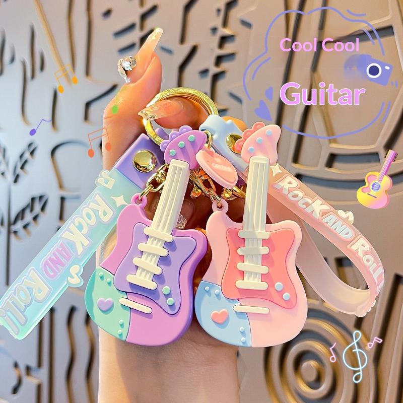 Cute Cartoon Guitar Shaped Silicone Keychain With Wrist Strap Pastel Design For Bag Decor Gifts For Music Lovers