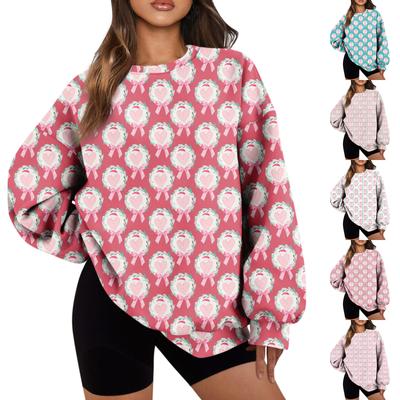 Women's Casual Print Round Neck Loose Long Sleeve Sweatshirt Top With Pocket