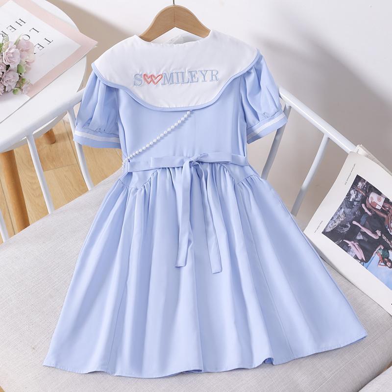 Girls Korean Short Sleeve Dress with Peter Pan Collar Summer Princess Dress for Big Kids