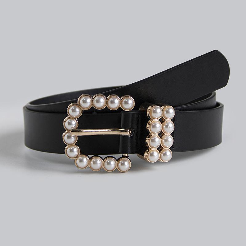 Elegant Womens Faux Leather Belt With Pearl Buckle For Office And Casual Wear
