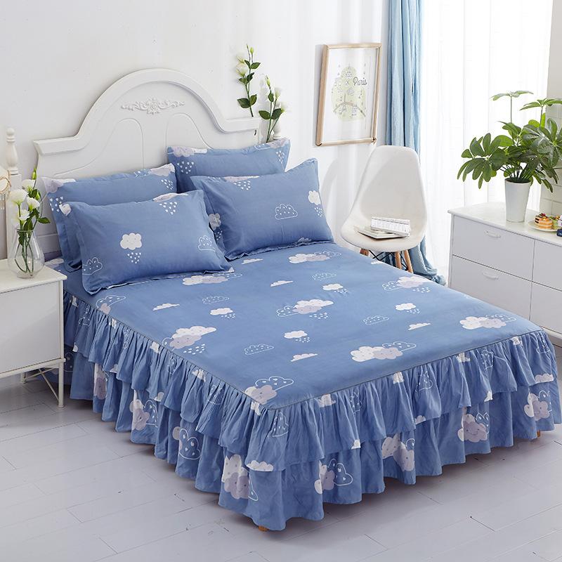 3pcs Modern Korean Floral Bed Skirt Set with Lotus Leaf Embellishments and Princess Floral Pattern, All-Season Brushed Light Beige-Friendly Bedding