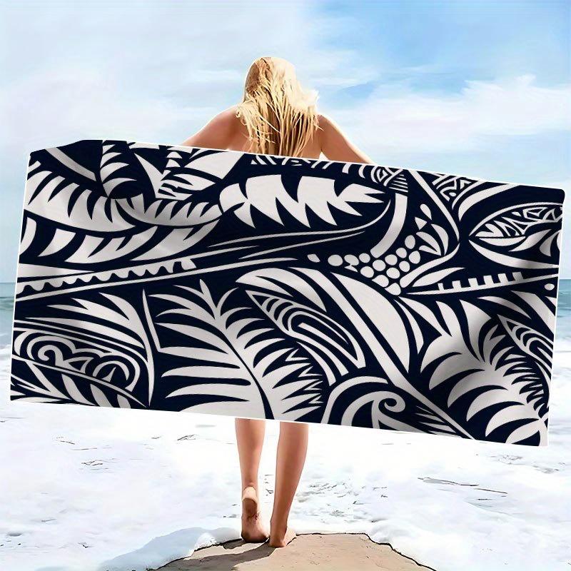 Shanika Chen Black/White Tropical Leaf Beach Towel, And Palm Print, Modern Botanical Design, Soft Microfiber, Unique Gift For Plant Lovers