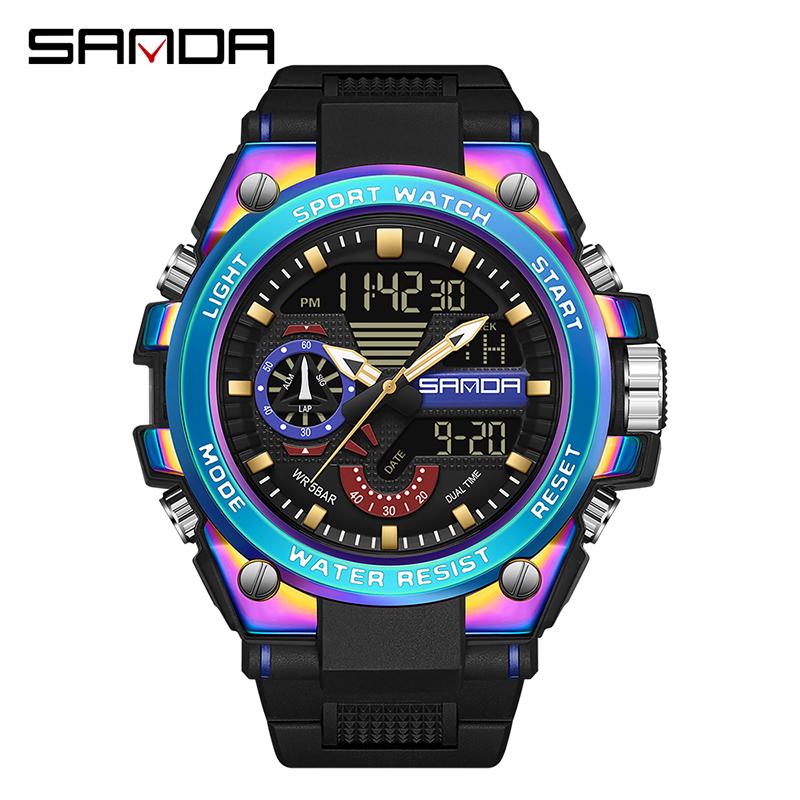 SANDA Luxury LED Dual Display Digital Quartz Watch for Men Shockproof Waterproof Sports Wristwatches Student Watch