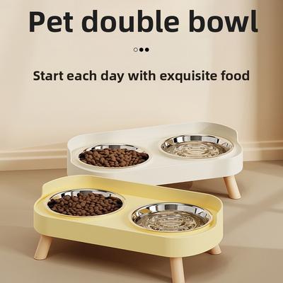 Cat Bowl, Ceramic Double Bowl, Anti-tipping Pet Bowl, Water and Food Integrated Stainless Steel Dog Bowl, Neck Guard Bowl