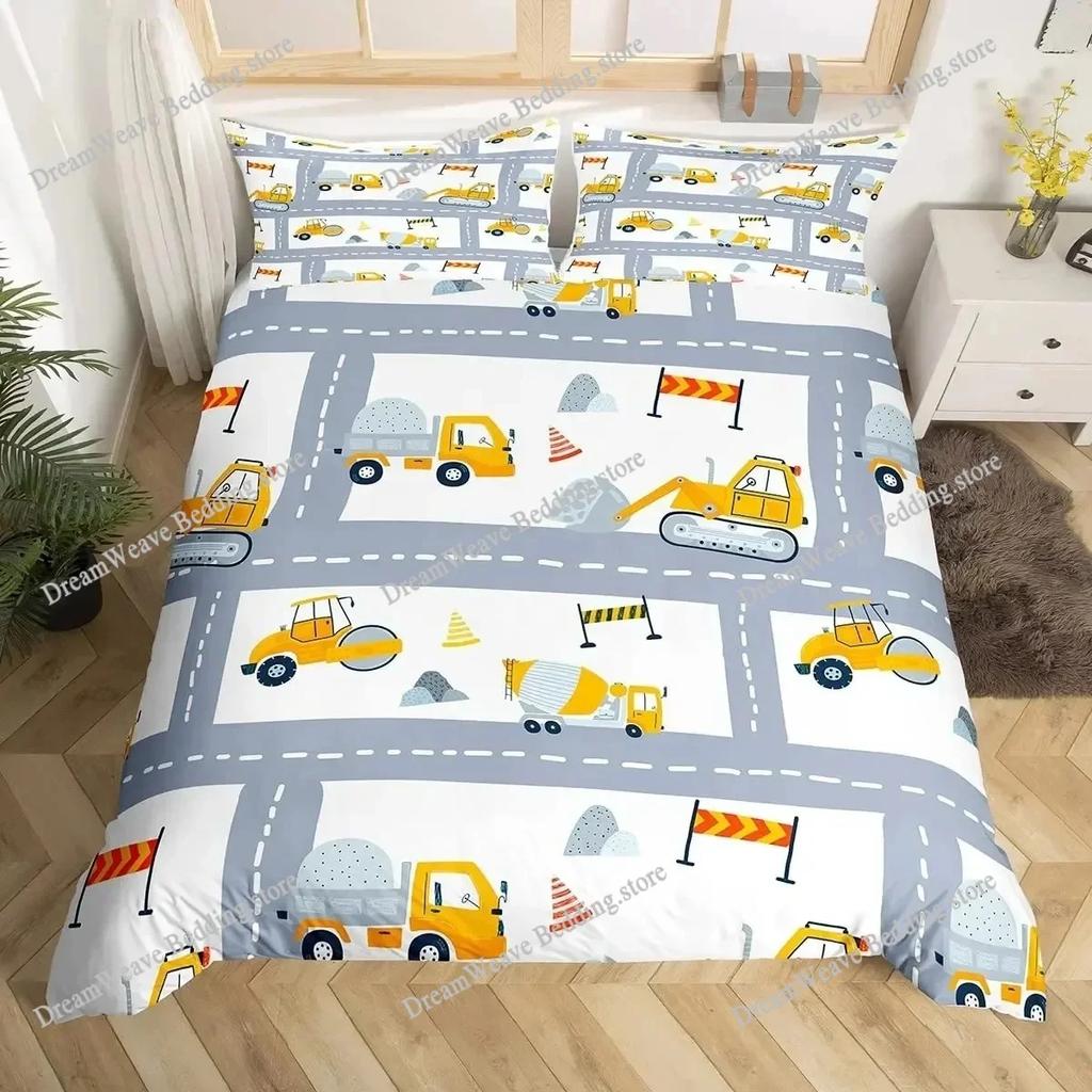 Cartoon Auto Bettbezug Kinder Stadtverkehr Straßenkarte Bettwäscheset für Jungenzimmer Dekor, Geometrische Linien Straßenauto Bettdeckenbezug