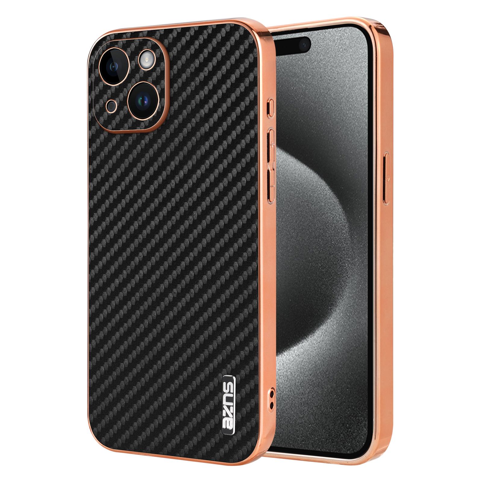 

AZNS For iPhone 15 Case Electroplating Carbon Fiber Texture PU+TPU Phone Cover Black
