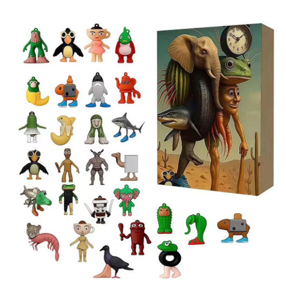 Christmas Arrival Calendar 24 Grid Countdown Brainrot Tung Sahur Pendant Acrylic Cartoon Animal Shark Wooden Stick Model Gift