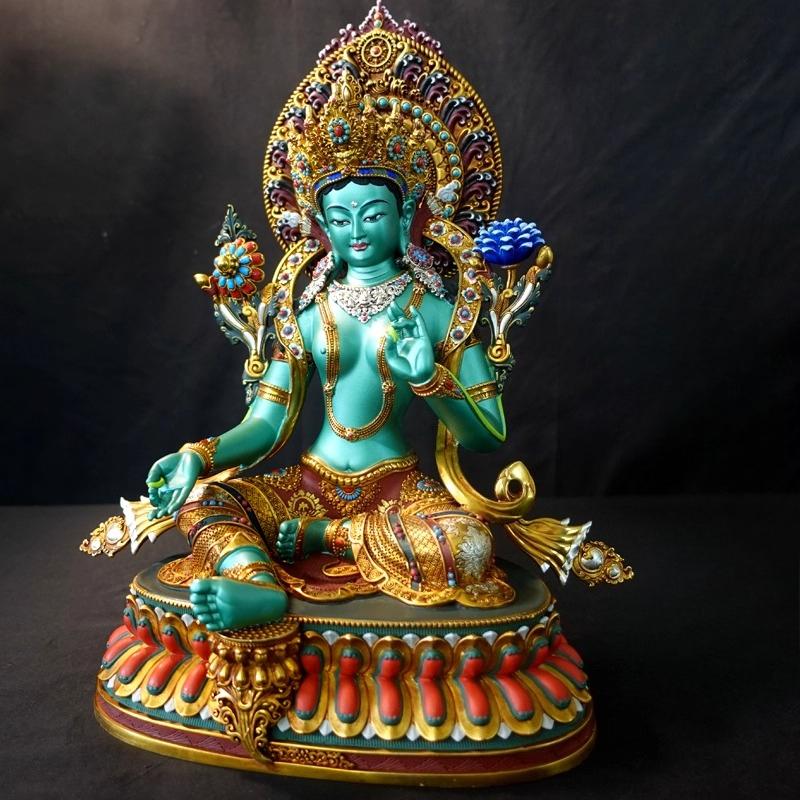 Nepal Tibet Craft Handmade Pure Copper Green Tara Statue Tibetan Buddhist Tantric Painted