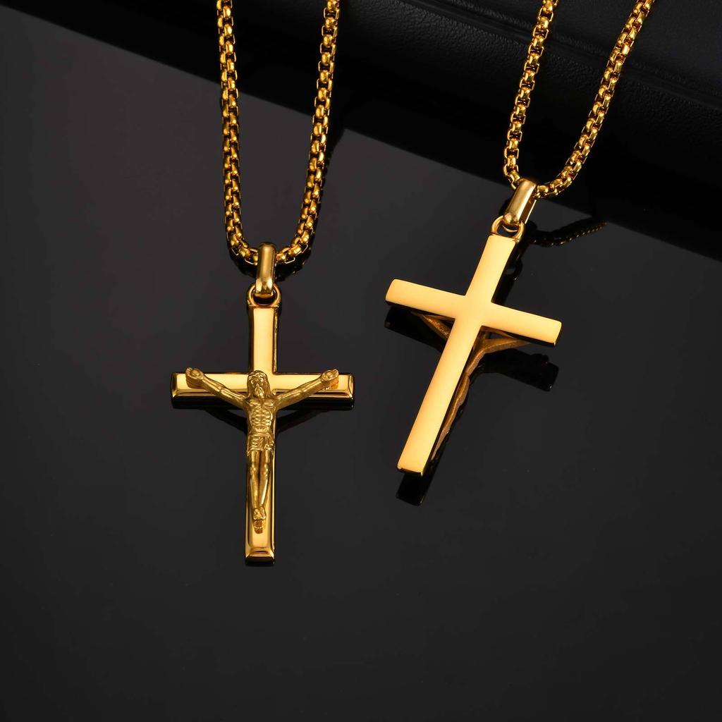 Vnox 60cm Catholic Cross Pendant Necklace for Men, Stainless Steel 30.5x51.5mm Cross Black Gold Silver Color Box Chain Necklaces
