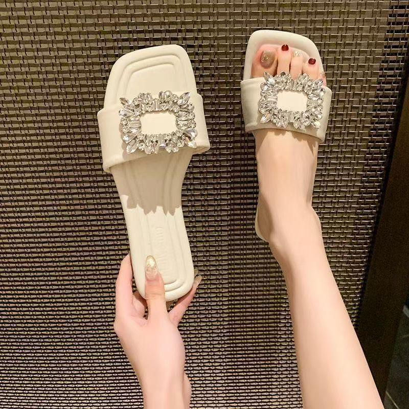Summer New Fairy Wind Flat Slippers 2025 Spring and Summer New Outer Wear Fashion Non-slip Rhinestone Lazy Sandals Woman
