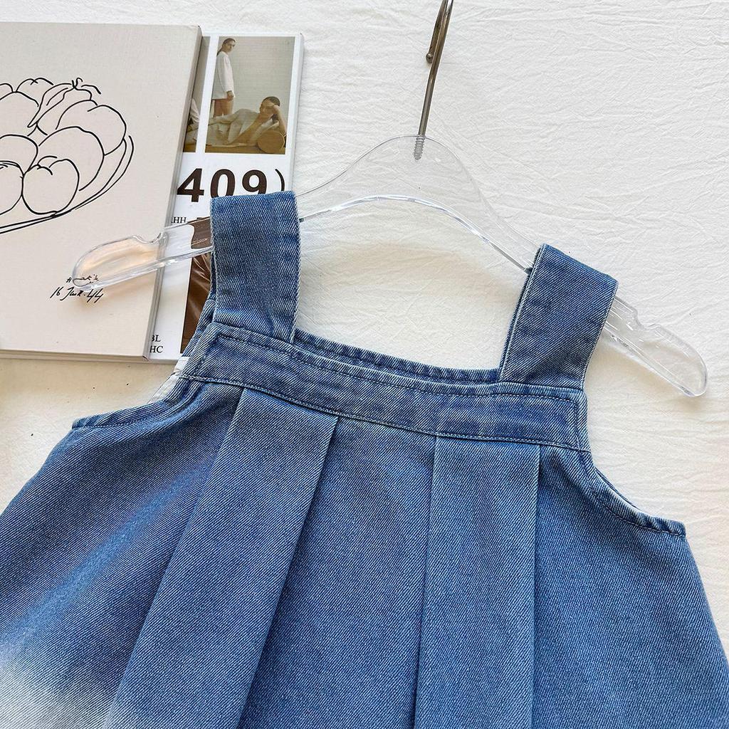 Girls' Summer Denim Gradient Ruffle Mesh Overall Skirt Dress