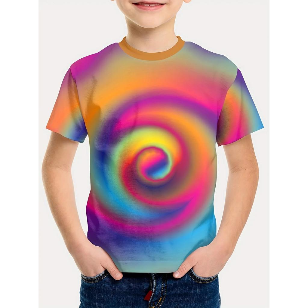 3D Tie-Dye Rainbow Print Kids' T-shirt Summer Fashion Casual Crew Neck Short-Sleeve Top for Boys & Girls