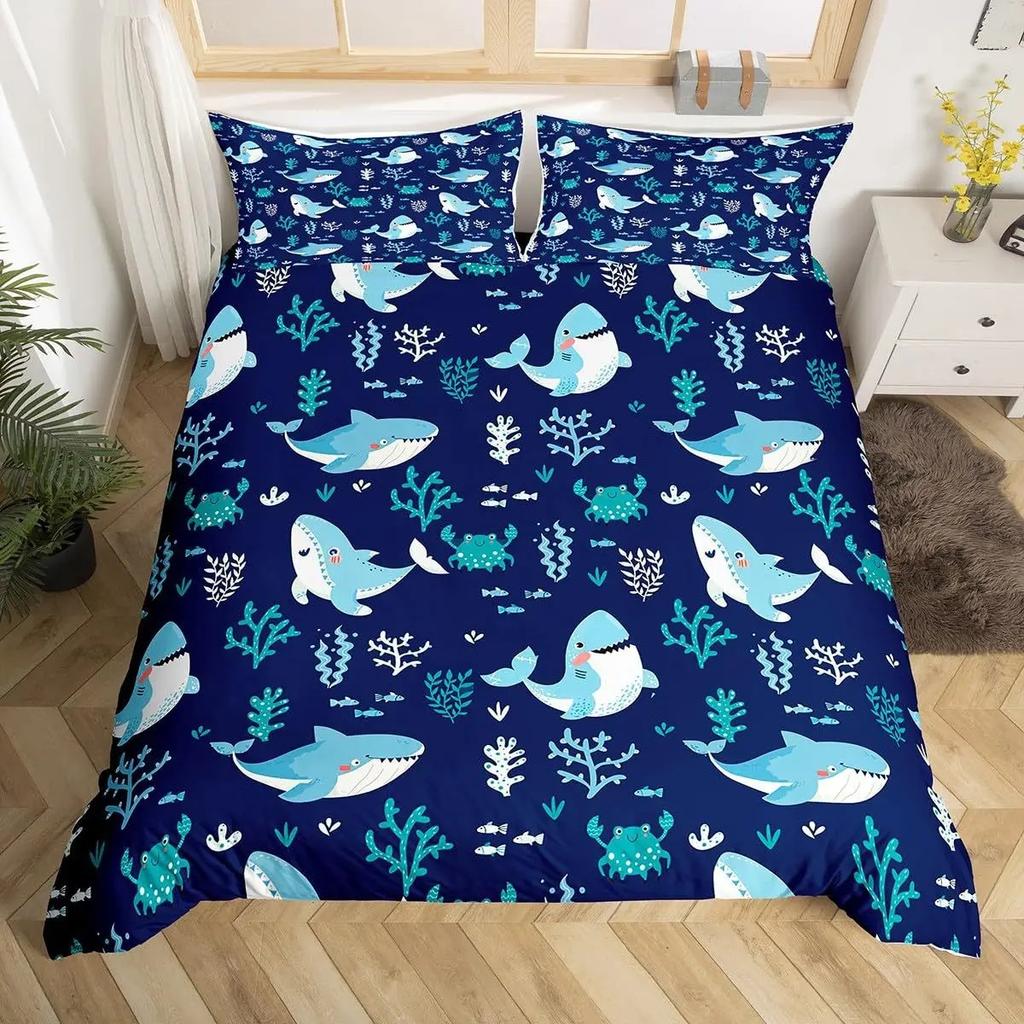 3D Ocean Shark Whale Print Duvet Cover Set, Soft Microfiber Sea Life Cartoon Bedding Set With Pillowcases