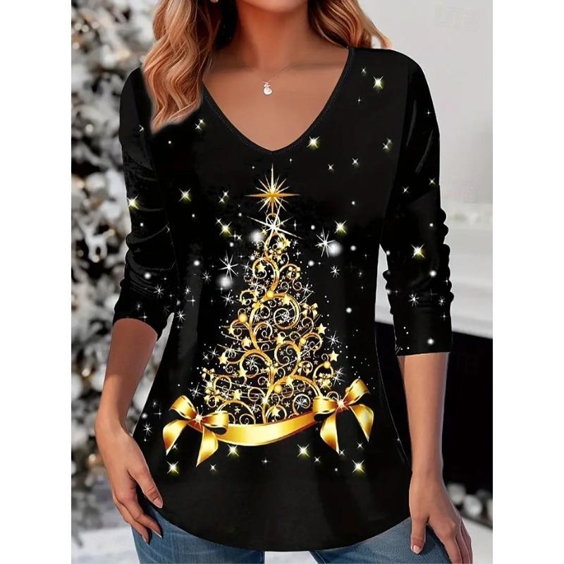 Christmas Women's T Shirt Graphic Vintage Stylish Classic Long Sleeve V Neck Regular Tops Daily Print