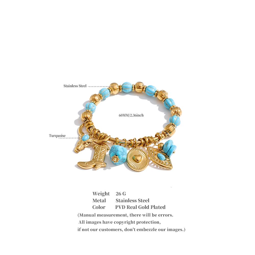 Yhpup 2026 Stainless Steel Handmade Jewelry Turquoise Stone Beads Chain Shoes Heart Leaf Drop Charm Statement Bracelet Bangle