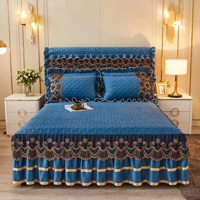 Luxury Lace Embroidery Bed Sheet Thick Velvet Quilted Bed Skirt Queen Size Warm Soft Plush Bedspread  Not Included Pillowcase
