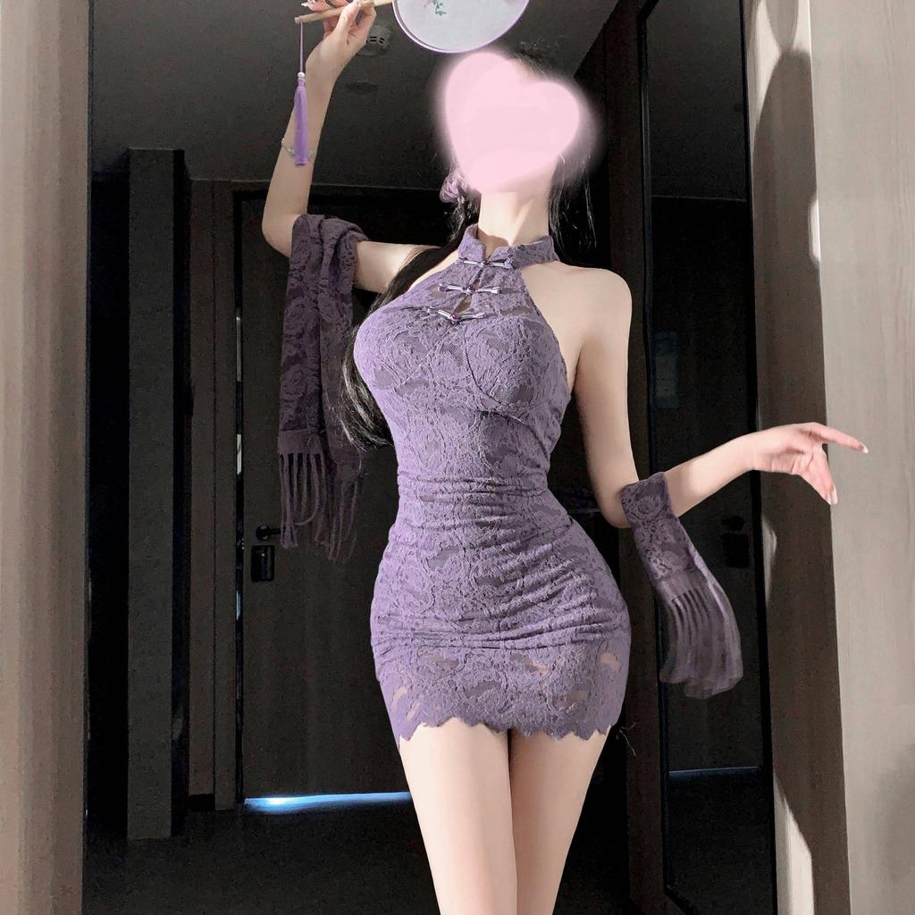 Sex underwear sexy purple pure desire new Chinese cheongsam free perspective uniform Internet celebrities can wear loungewear women