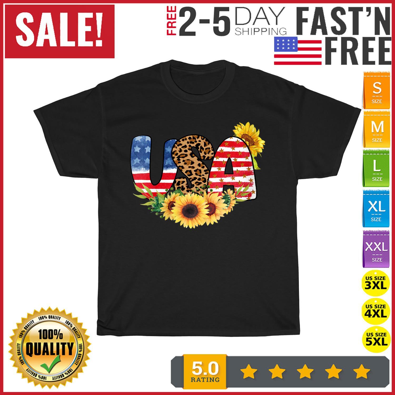 

USA Shirt Patriotic American Flag Sunflowers and Leopard Print T Shirt Men Women S