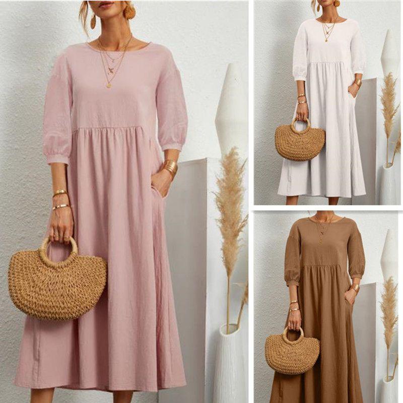 2025 New Women's Casual Solid Color Fashion Lantern Sleeve Loose Cotton and Linen Dress with Pockets in Stock
