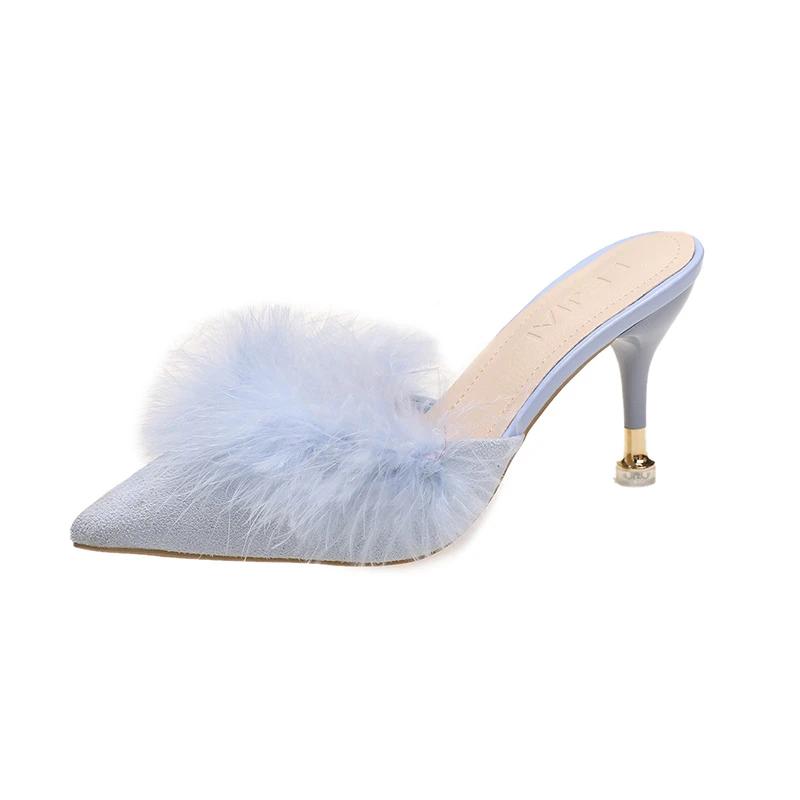Women High Heels Slippers 2024 Summer New Fur Pointed Toe Thin Heels Women Mules Dress Party Outside Ladies Shoes