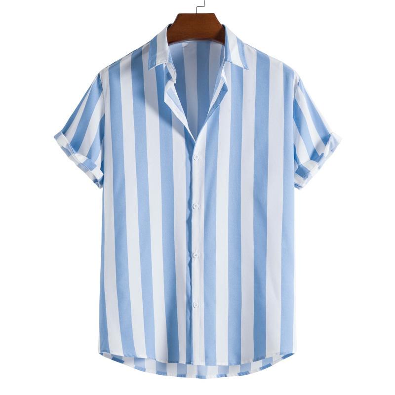 Camicia Casual da Uomo Estiva con Bottoni Stampa a Righe Verticali Blu e Bianche Manica Corta