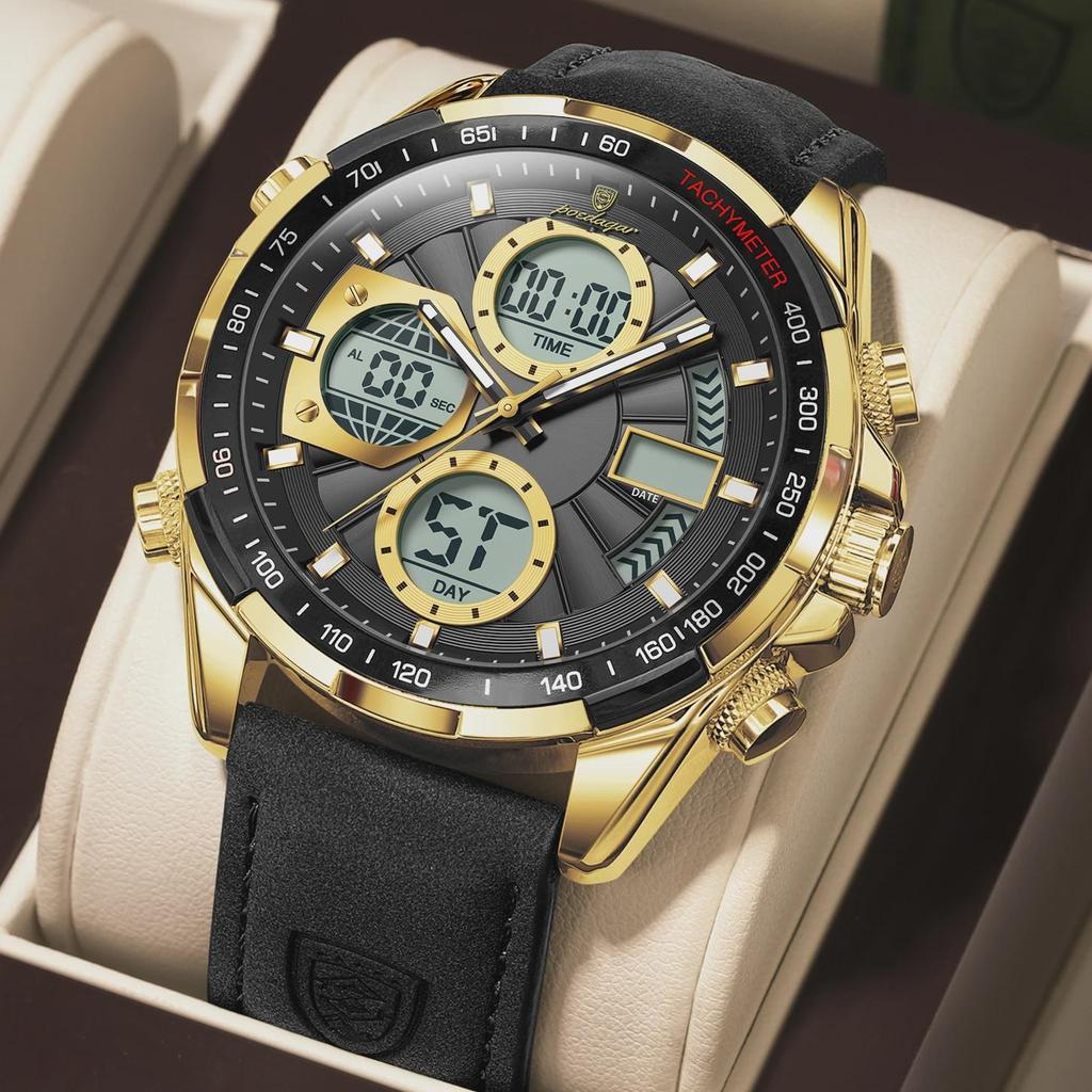 POEDAGAR Fashion Men Wristwatch Week Date Digital LED Quartz Man Clock Alarm Dual Time Display Electronic Luminous Men's Watches