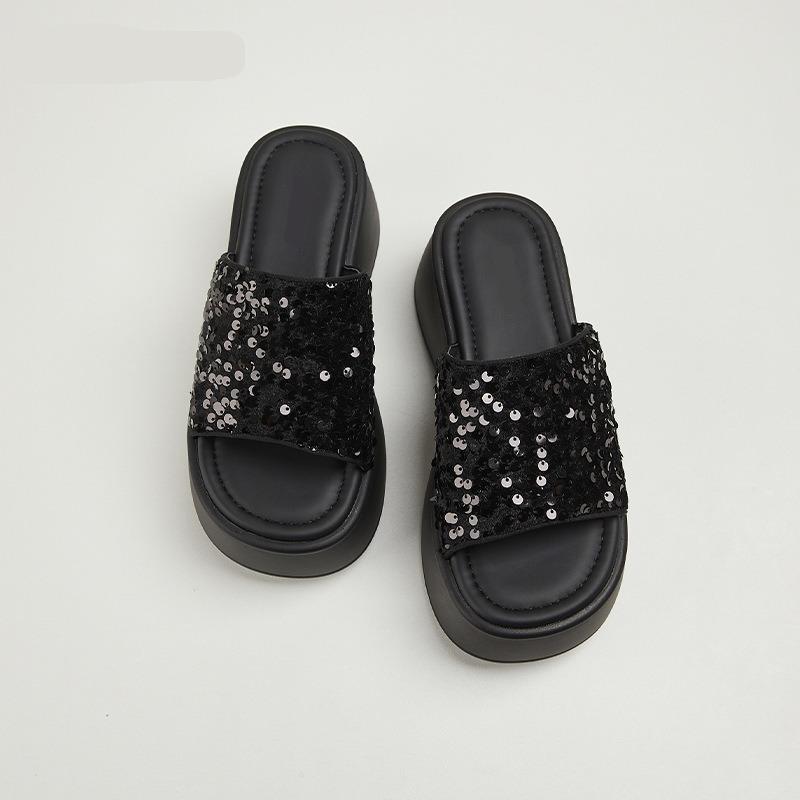 Women's Thick Heel Slippers Summer New Beach Slippers Outdoor Casual Platform Sandals Shiny Sequins Slippers for Women
