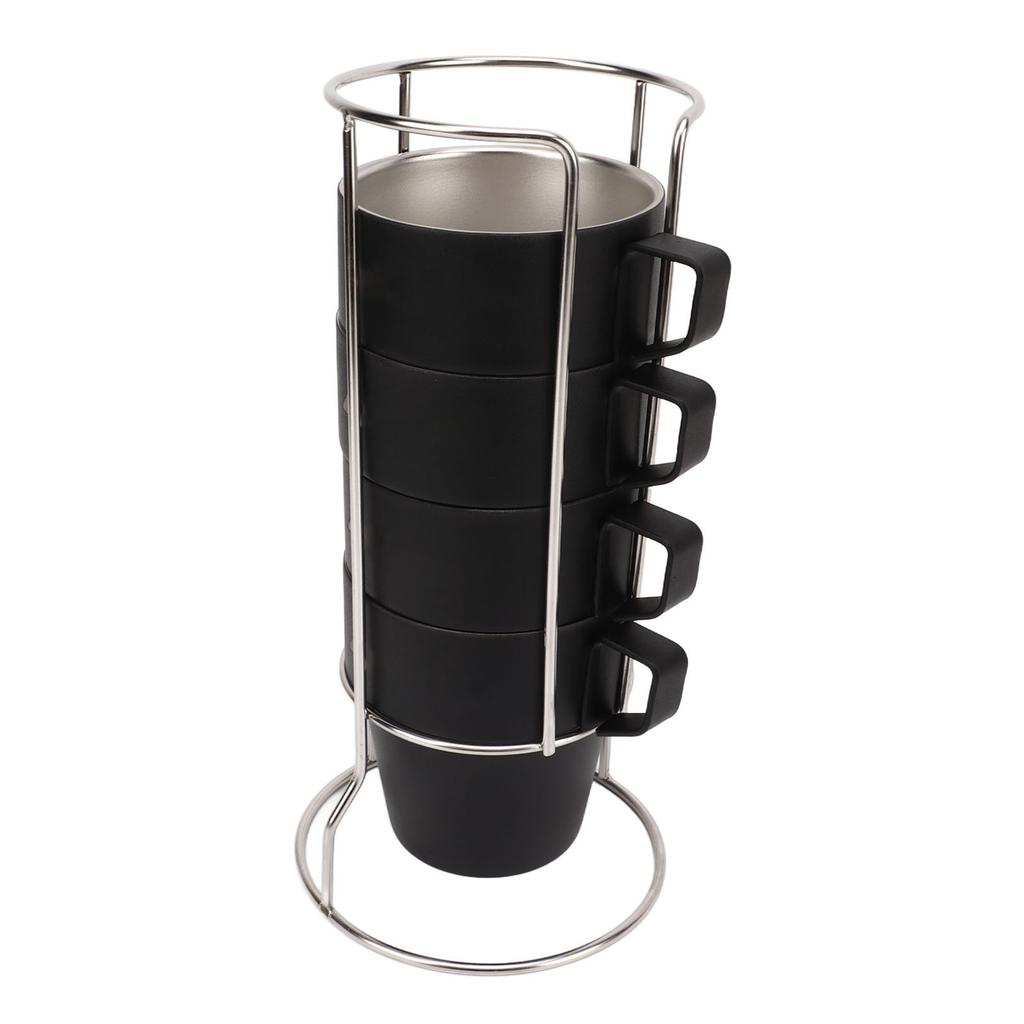 4PCS Camping Double Layer Cups Stainless Steel Food Grade Plastic Spraying Stackable Coffee Cup for Picnic Black