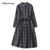 Japanese Mori Girl Spring Autumn Women Dress Stand Collar Floral Print Navy Blue Lace Up Dress Long Sleeve Vintage Midi Dress With Pockets