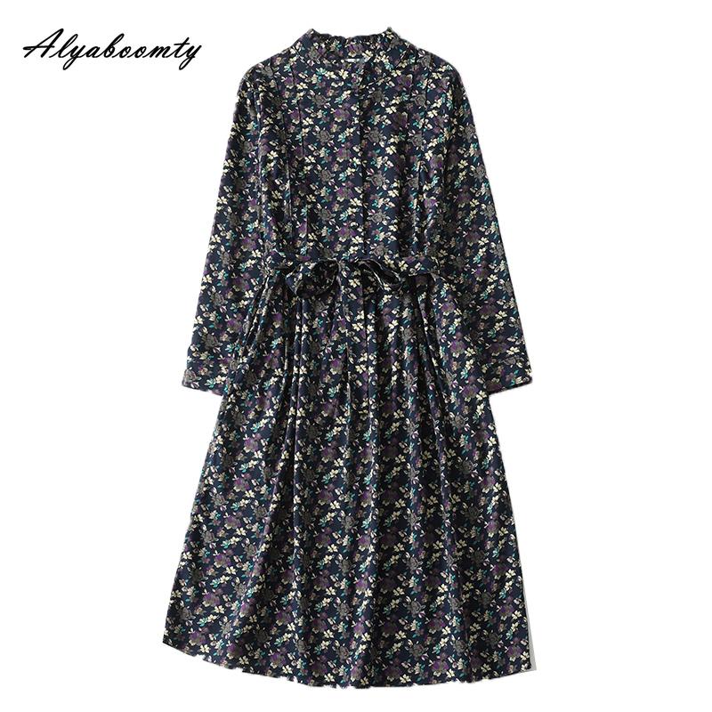 Japanese Mori Girl Spring Autumn Women Dress Stand Collar Floral Print Navy Blue Lace Up Dress Long Sleeve Vintage Midi Dress With Pockets