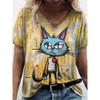 V-neck Short Sleeved T-shirt, Fashionable Women's T-shirt, Cat Print Pattern, Summer Oversized Clothing, Women's T-shirt