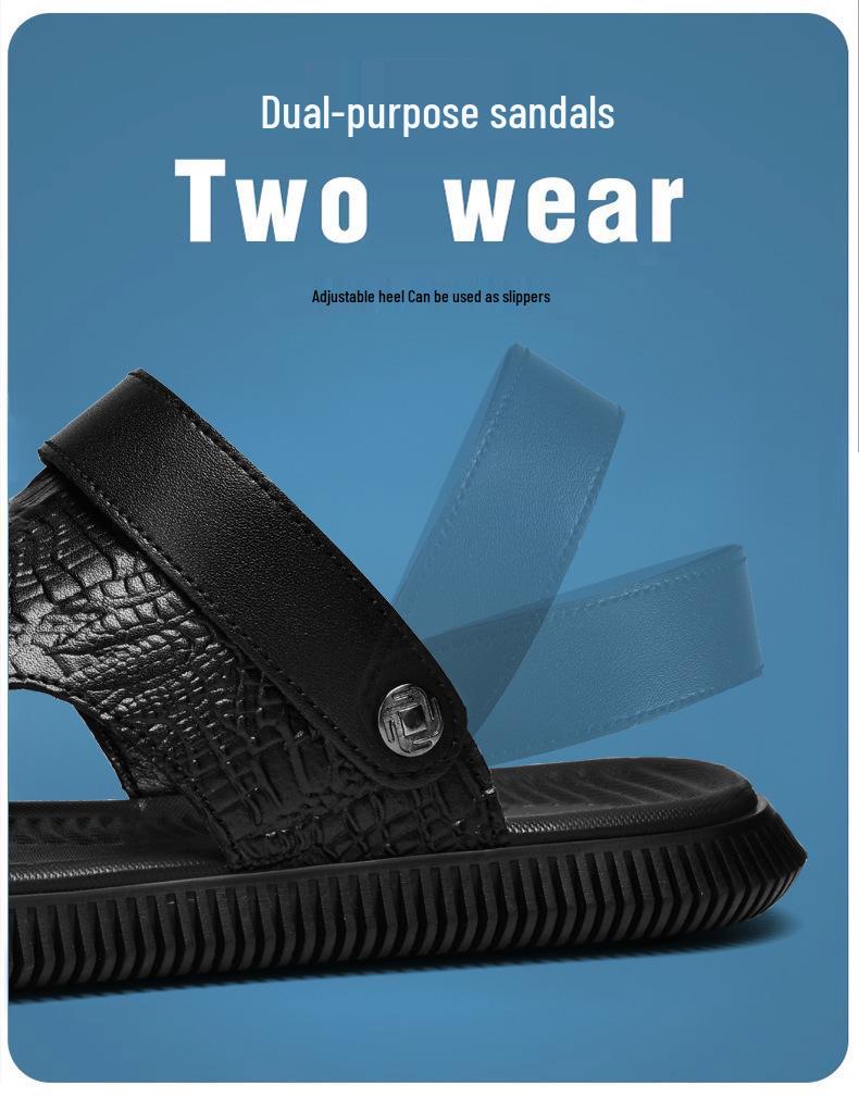 Men's Two-Way Open-Toe Cowhide Sandals: Cross-Strap Crocodile Pattern, Summer Outdoor Beach Half-Slippers
