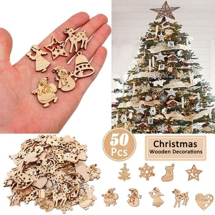 50pcs/Set Mini Christmas Tree Ornaments Santa Claus Snowman Deer Decoration Christmas Decorations Wooden Party Decoration